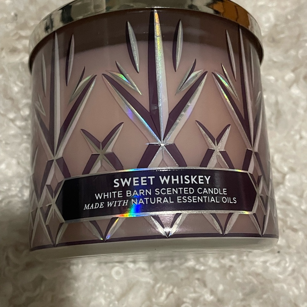 White Barn Sweet Whiskey Candle with Purple Design